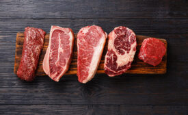 Variety of Raw Black Angus Prime meat steaks