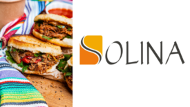 Halved sandwich (left) next to Solina logo (right)