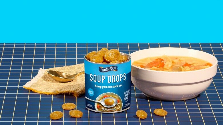 Progresso Soup Drops (center) next to a bowl of Progresso soup (right)